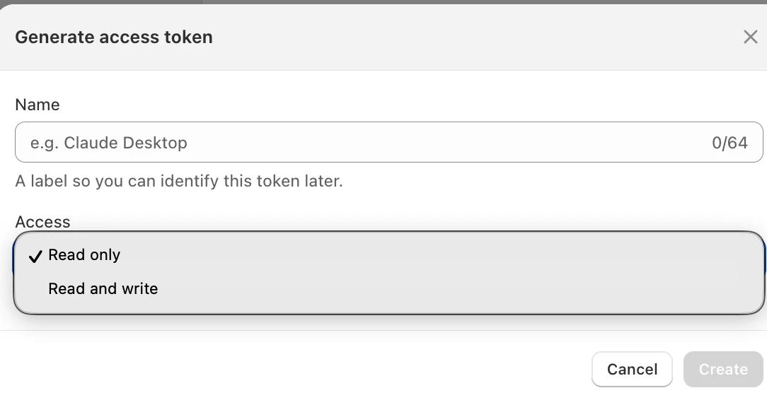 The generate access token dialog in ABConvert with a name field and an access dropdown offering read only or read and write