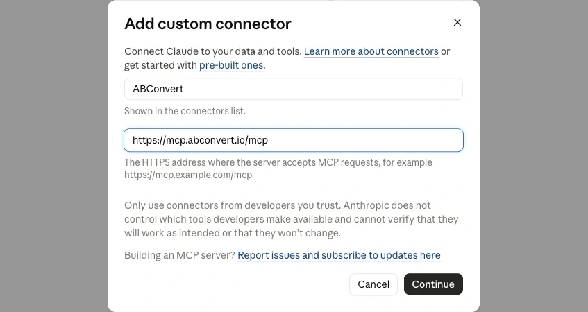 Claude's add custom connector dialog with ABConvert as the name and the ABConvert MCP server URL