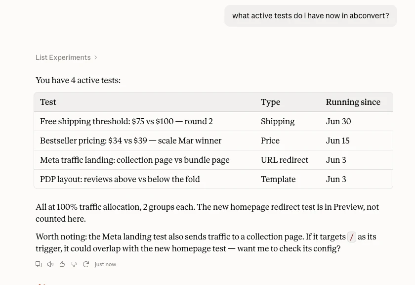 An AI assistant listing four active ABConvert tests with their type and start date, and flagging an overlap risk between two of them