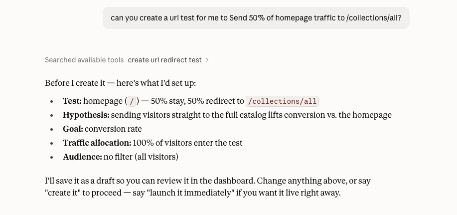 An AI assistant proposing a URL redirect test setup with hypothesis, goal, traffic allocation, and audience before creating anything