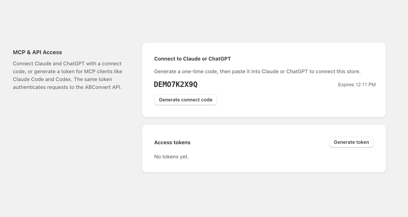 The MCP and API Access settings in ABConvert, showing a one-time connect code with an expiry and an empty access tokens list