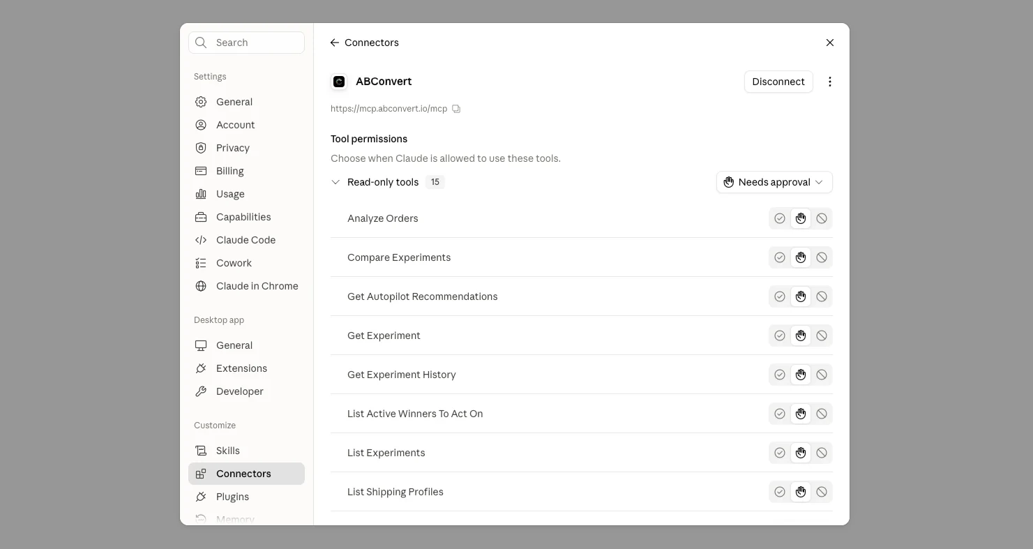 Tool permission settings for the ABConvert connector, listing fifteen read-only tools each set to require approval