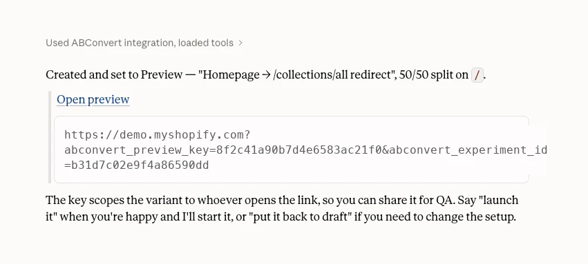 A created test set to preview, with a preview URL that scopes the variant to whoever opens the link