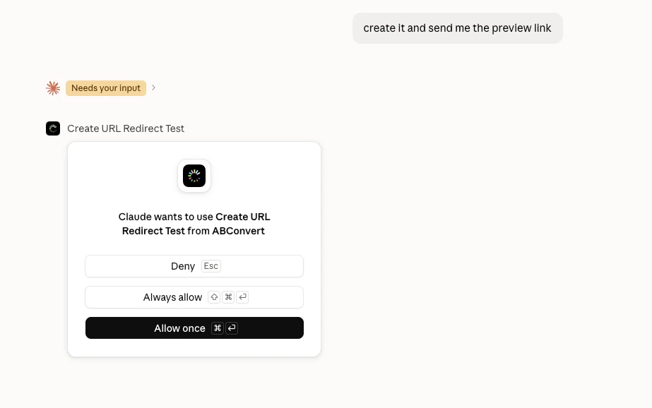 An approval prompt asking whether Claude may use the Create URL Redirect Test tool, with deny, allow once, and always allow options