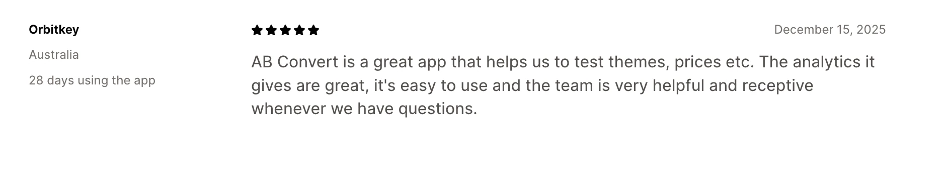 A five-star Shopify App Store review of ABConvert from a merchant in Australia