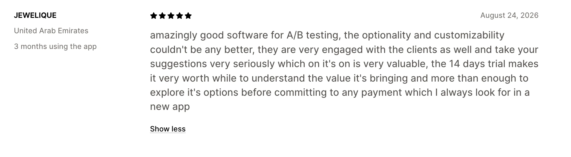 A five-star review of ElevateAB praising support and the trial length
