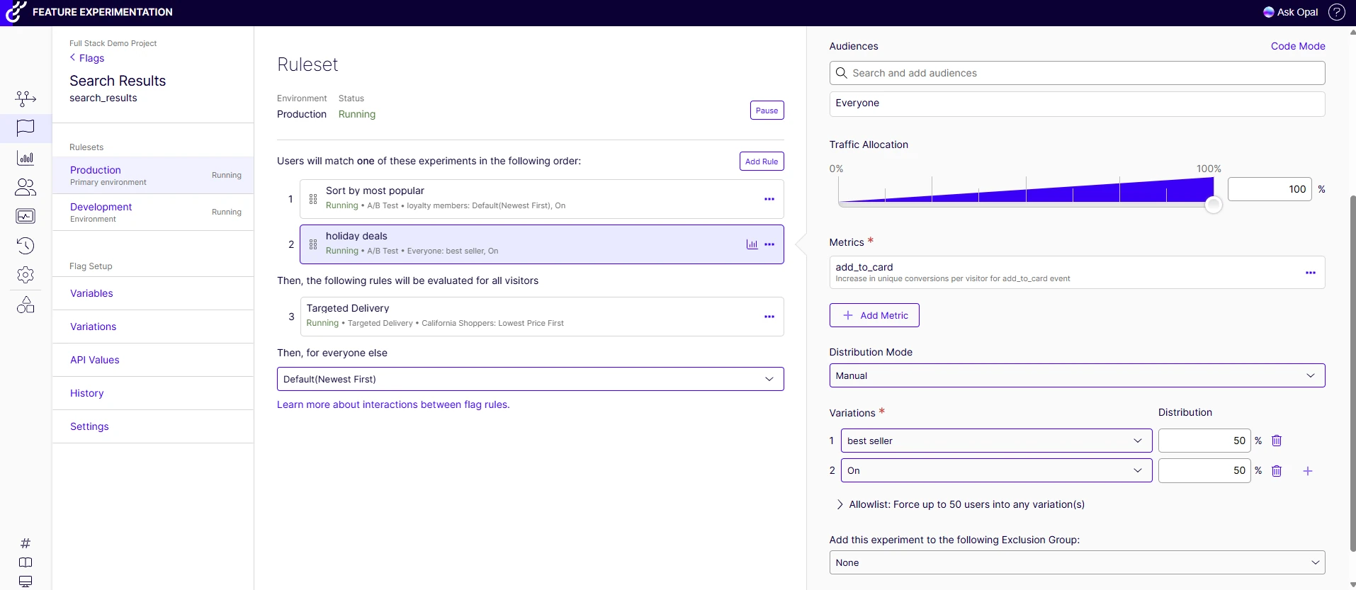 An Optimizely feature testing ruleset screen with audience and traffic allocation controls