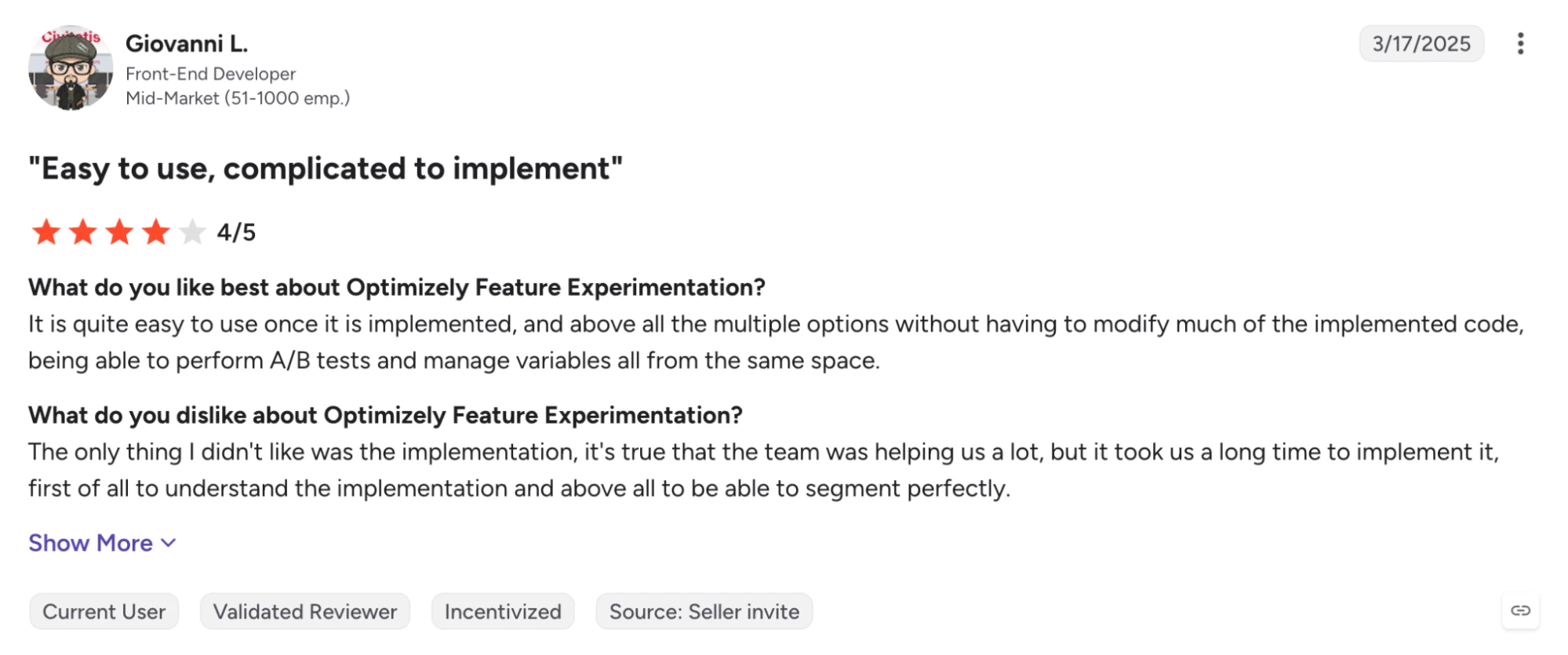 A G2 review of Optimizely describing a complicated setup