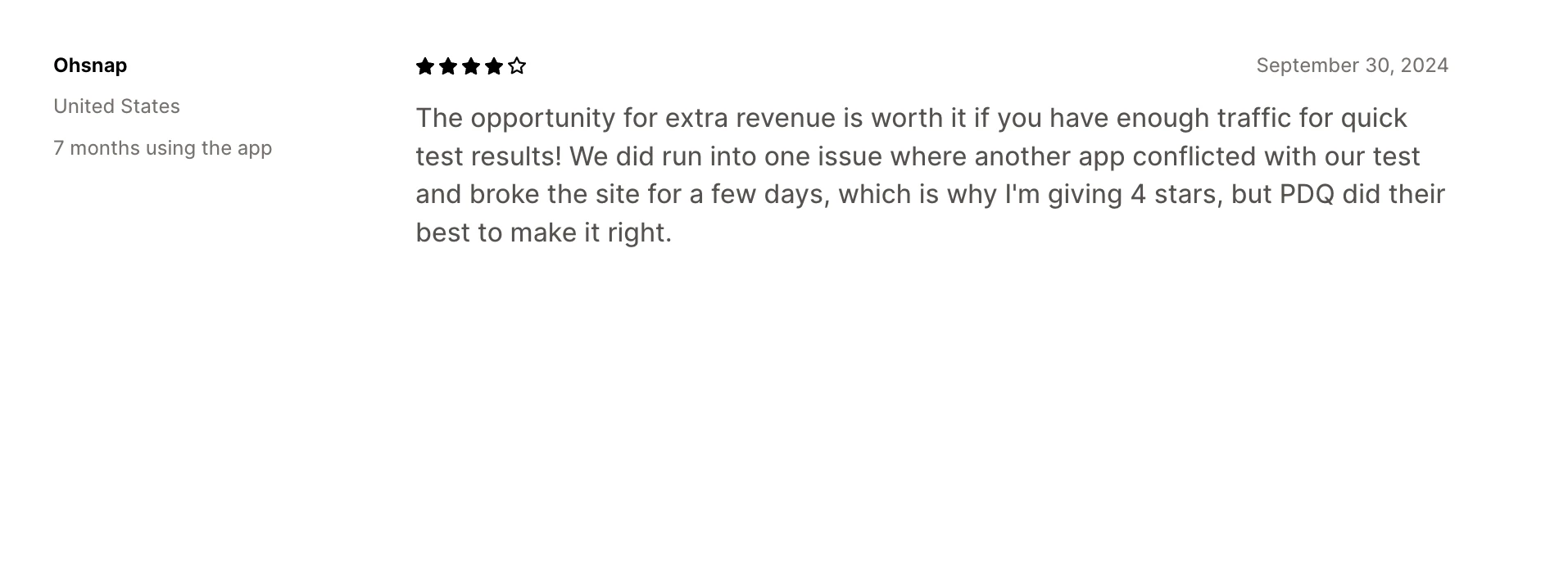 A four-star review of PrettyDamnQuick describing a conflict between two tests