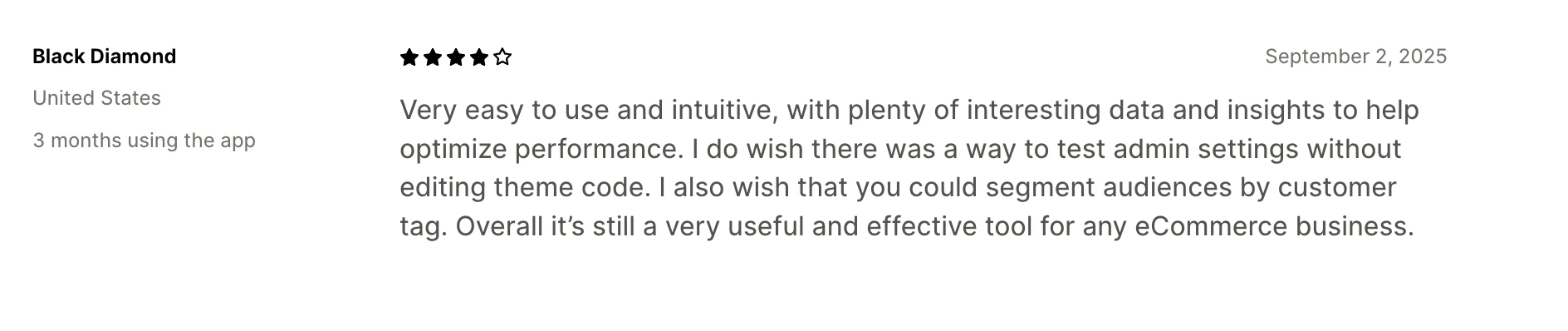 A four-star review of Shoplift asking for a way to test admin settings without editing theme code