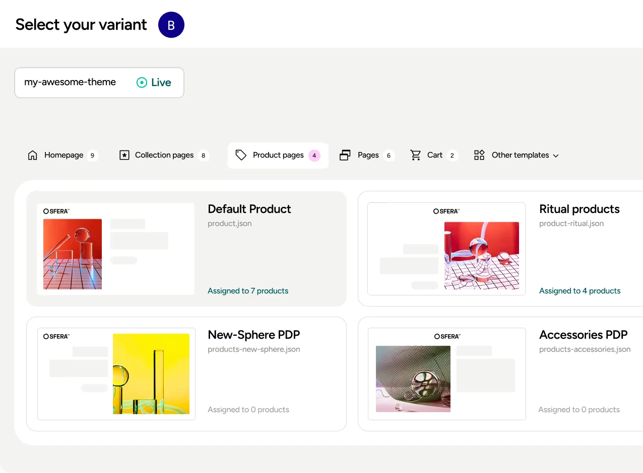 Shoplift's version picker showing themes and templates assigned to different pages