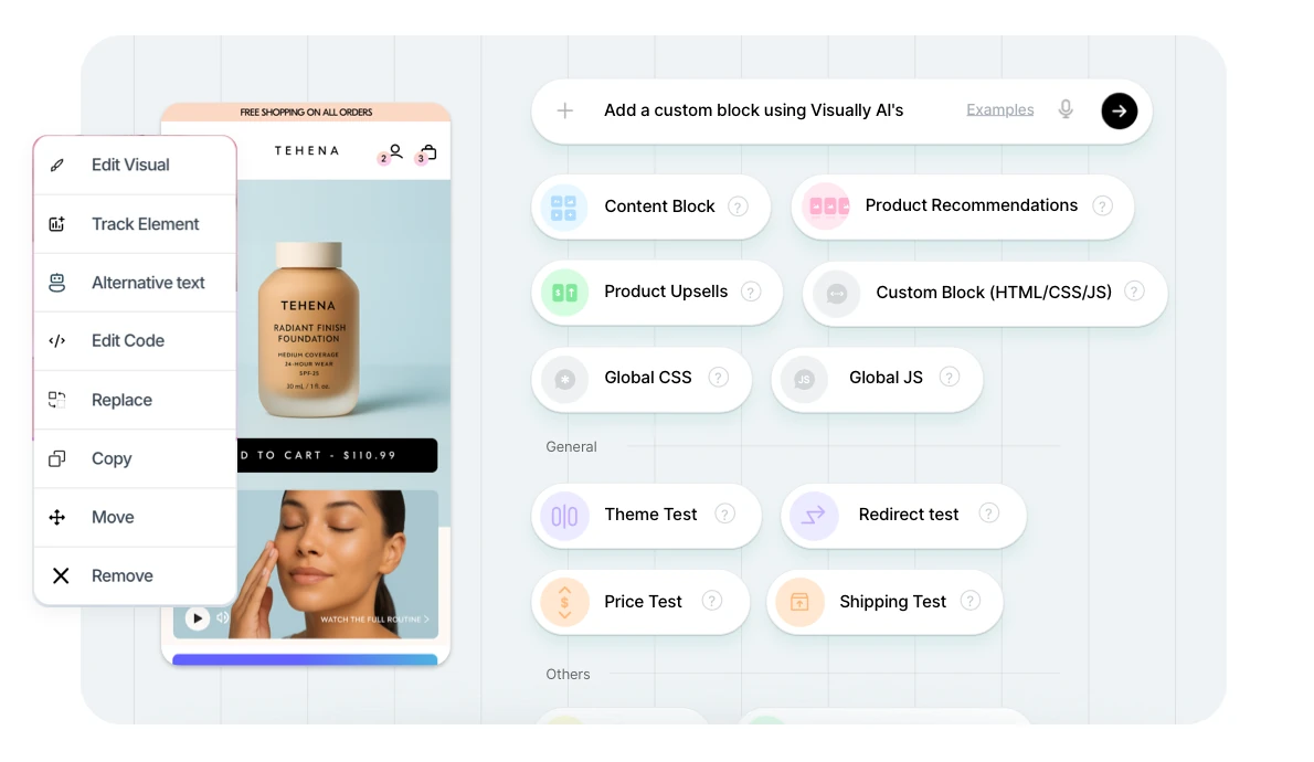 The Visually.io no-code editor showing blocks that can be added to a page, including theme, redirect, price and shipping tests