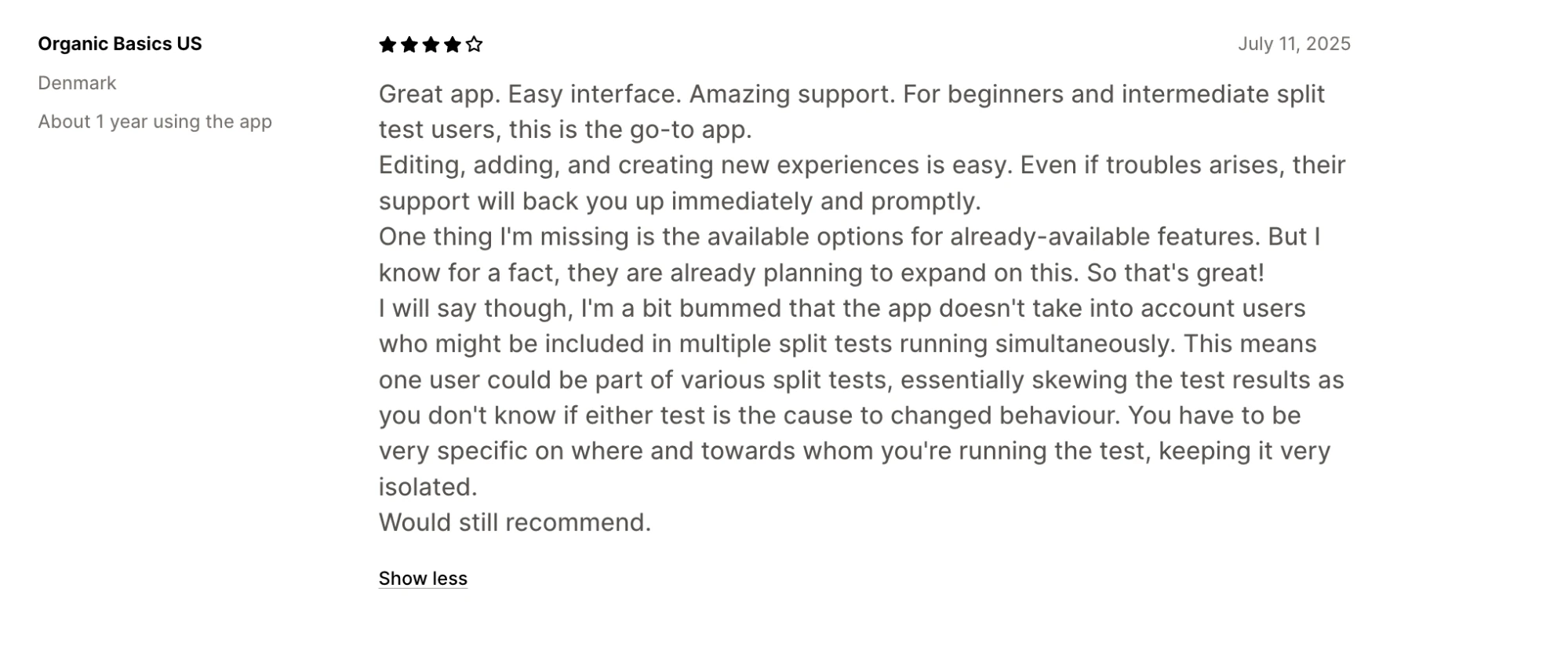 A four-star review of Visually.io praising the interface and noting an issue with overlapping split tests