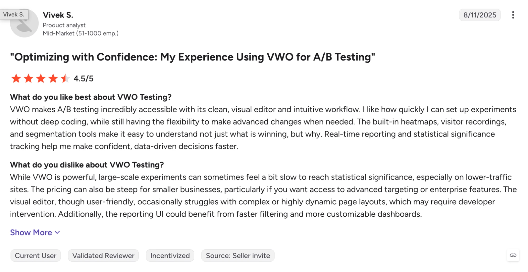 A G2 review of VWO Testing describing quick setup and noting cost and time to significance on lower-traffic sites