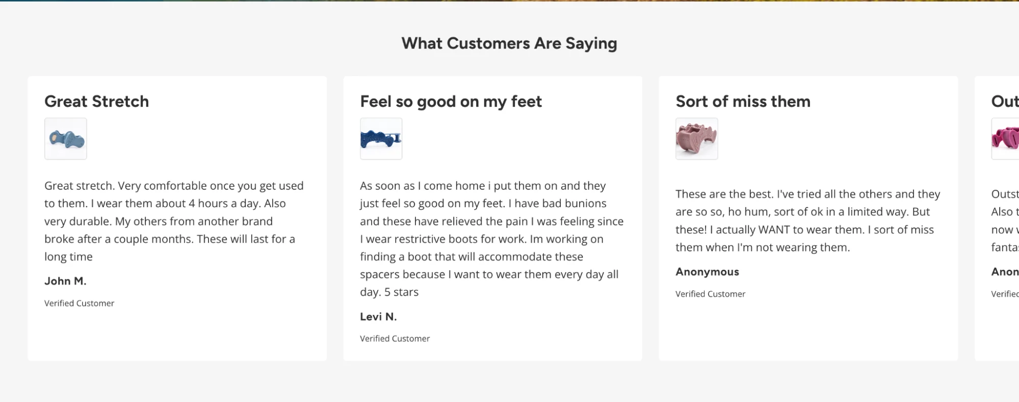 Correct Toes product page section titled What Customers Are Saying, with three verified customer reviews from people with bunions and other foot concerns