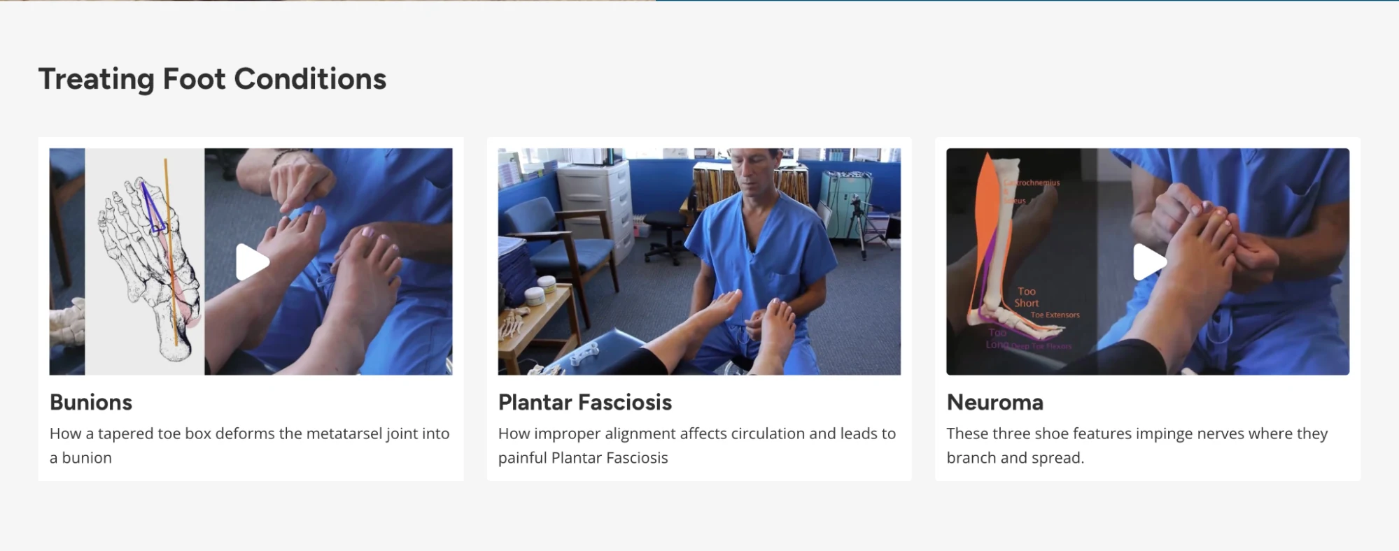 Correct Toes page section Treating Foot Conditions with doctor-led videos on bunions, plantar fasciosis, and neuroma
