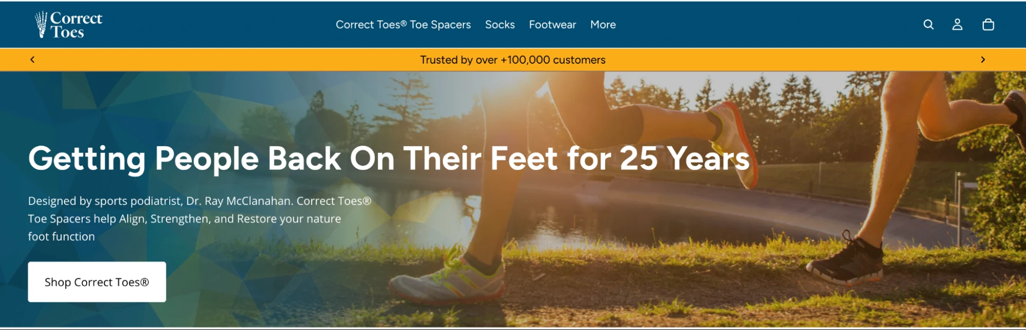 The Correct Toes homepage hero with the headline Getting People Back On Their Feet for 25 Years above a trail runner photo