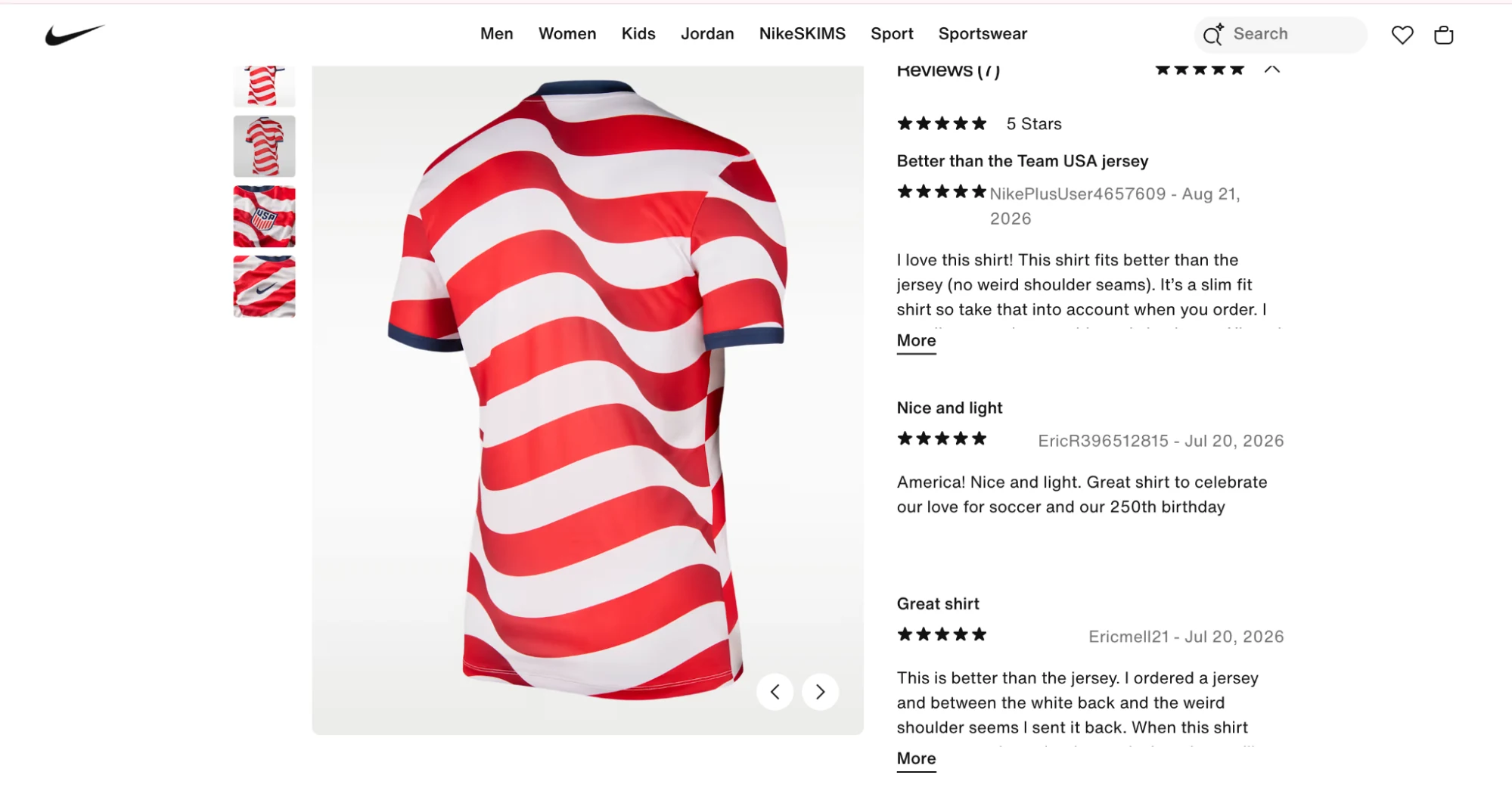 A Nike product page with customer reviews beside the product images, including comments about fit