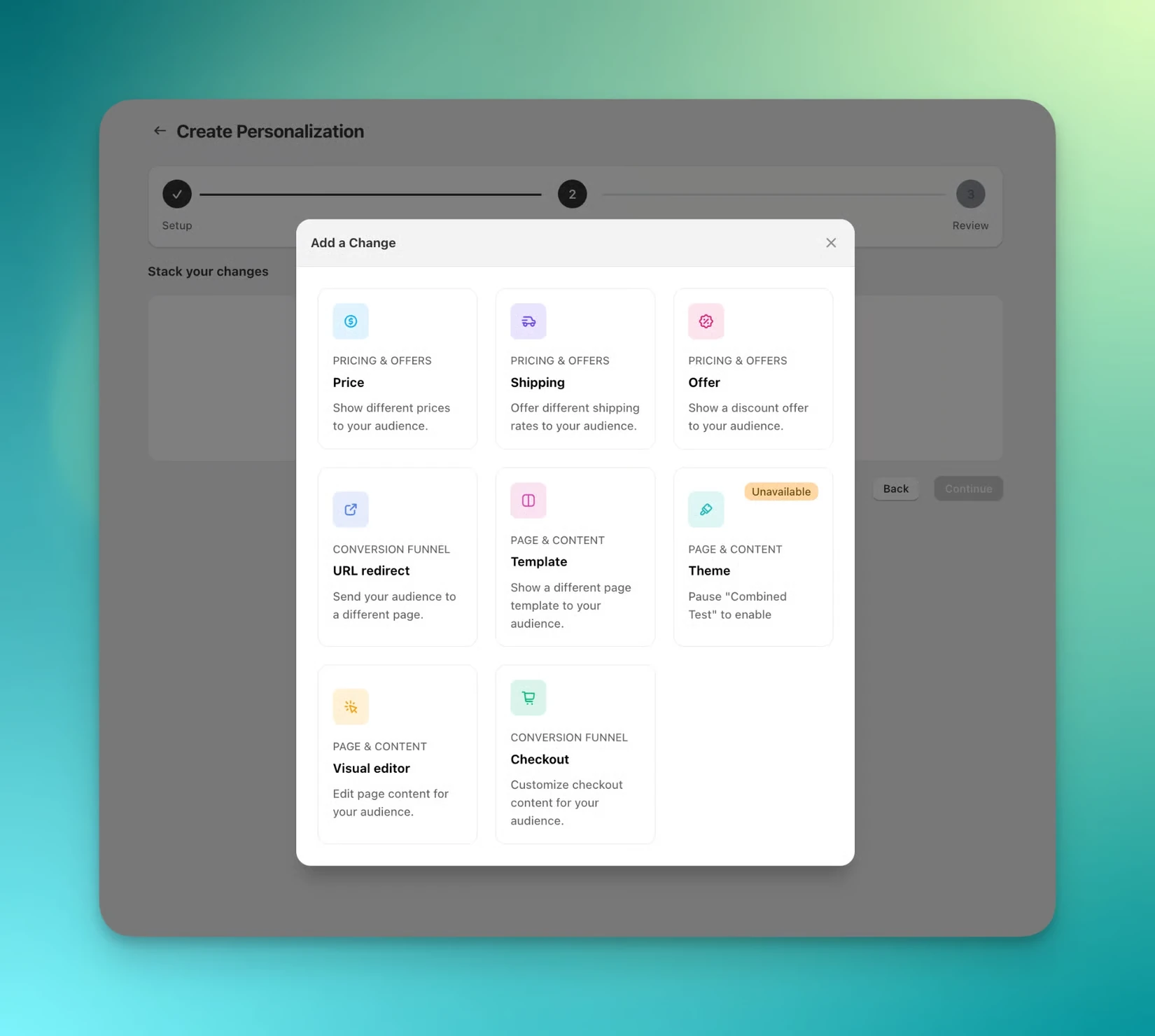 The Add a Change panel offering price, shipping, offer, URL redirect, template, theme, visual editor, and checkout changes