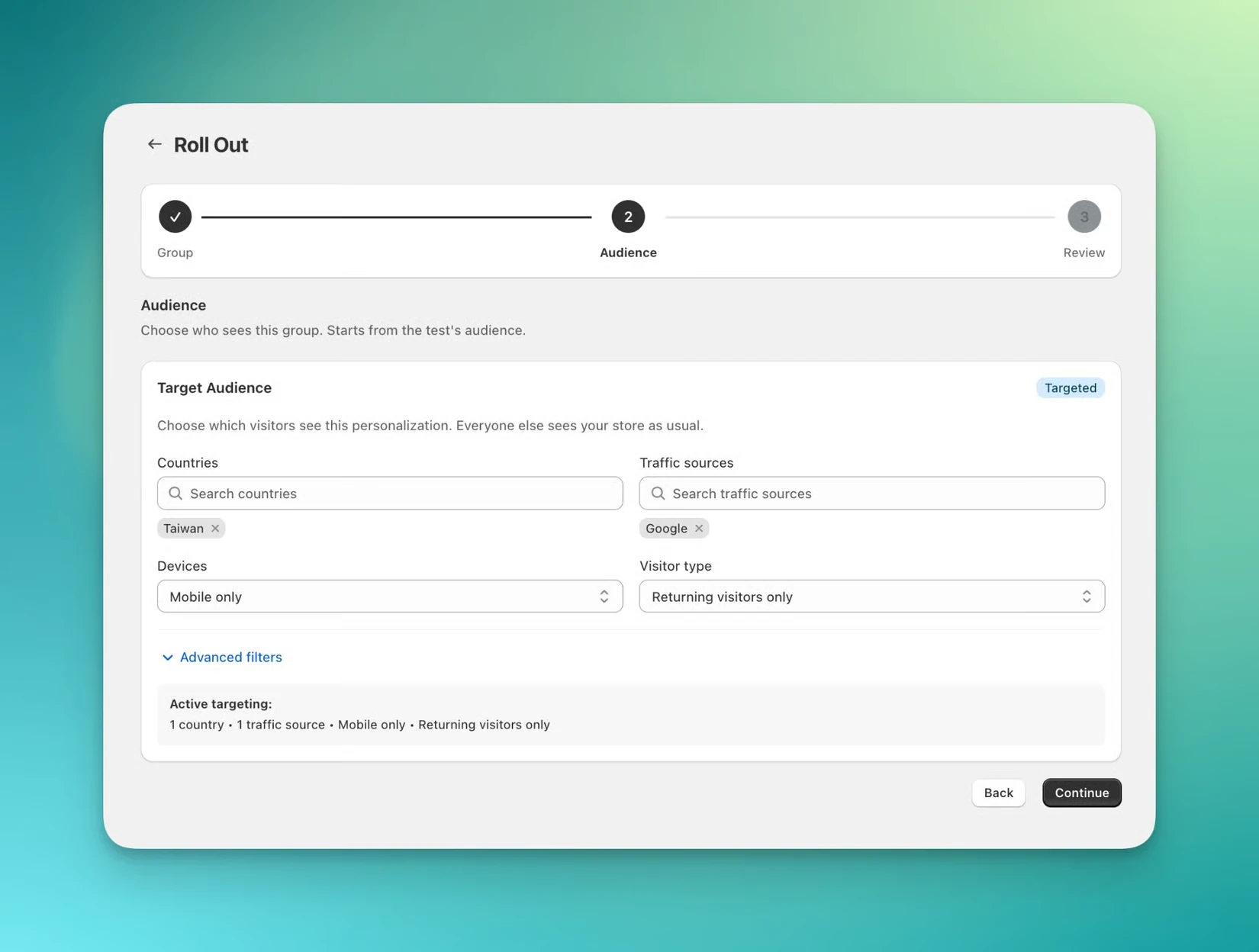 The audience step of the roll out, with filters for countries, traffic sources, devices, and visitor type prefilled from the test