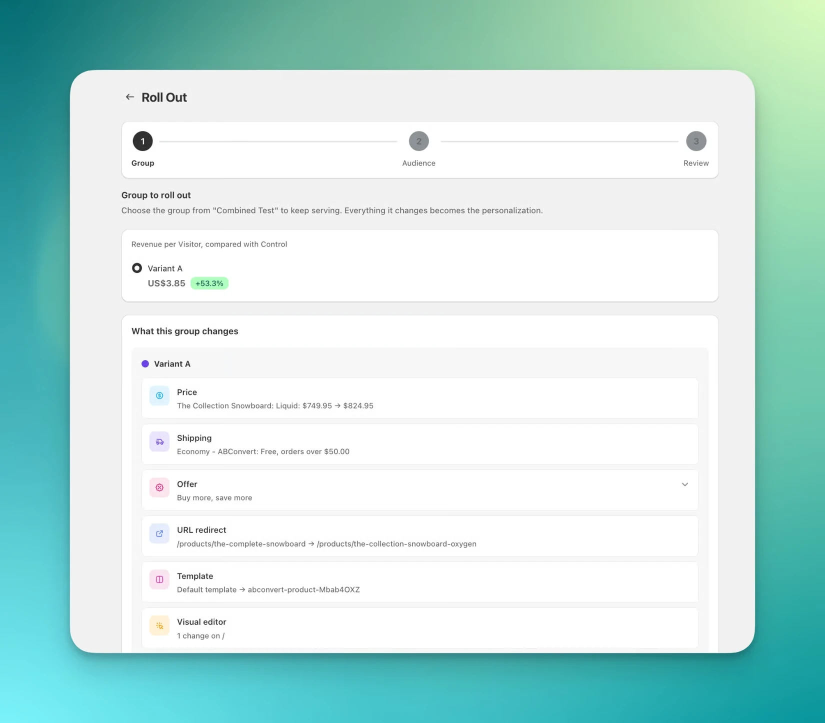 The Roll Out step for choosing which winning version to keep, listing the price, shipping, offer, URL redirect, template, and visual editor changes it carries