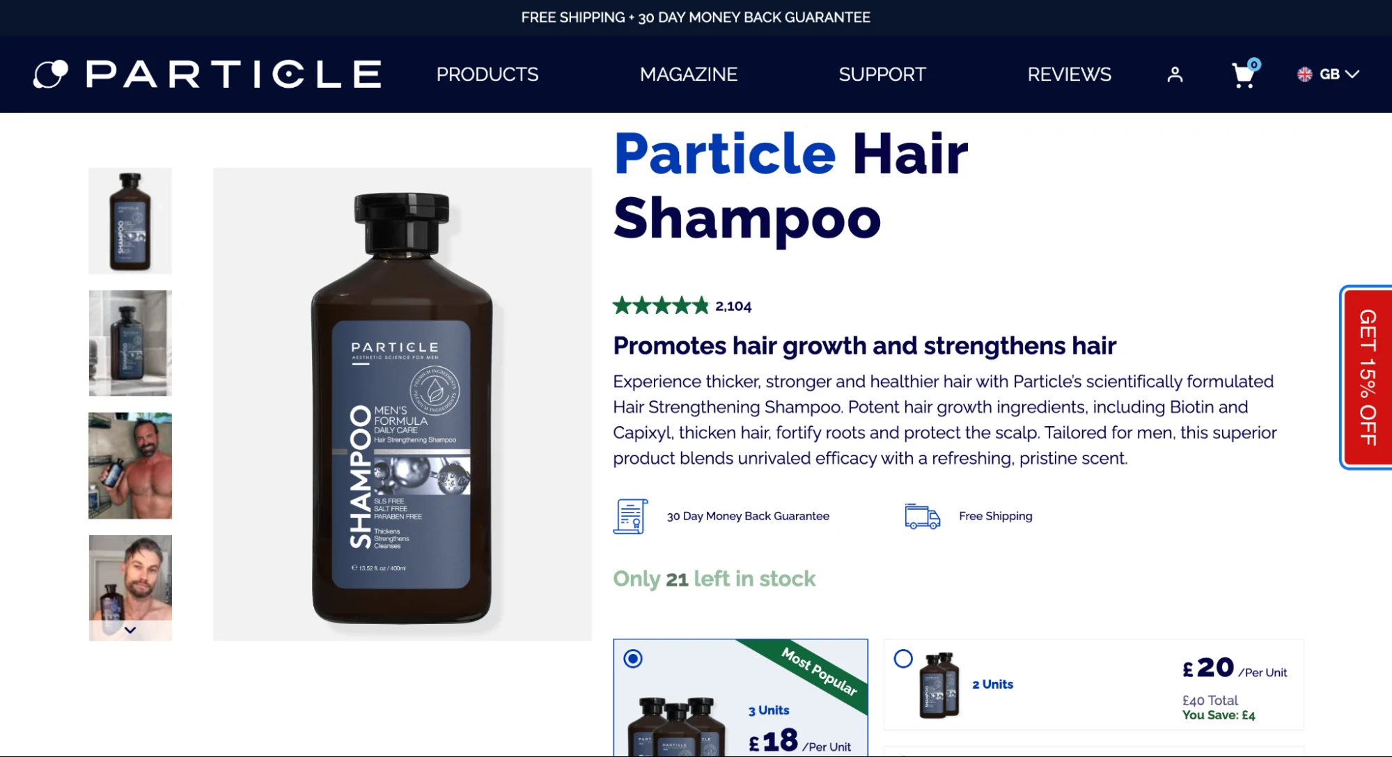 The Particle for Men Hair Shampoo product page, with the rating and review count beside the title, trust badges, and bundle pricing options