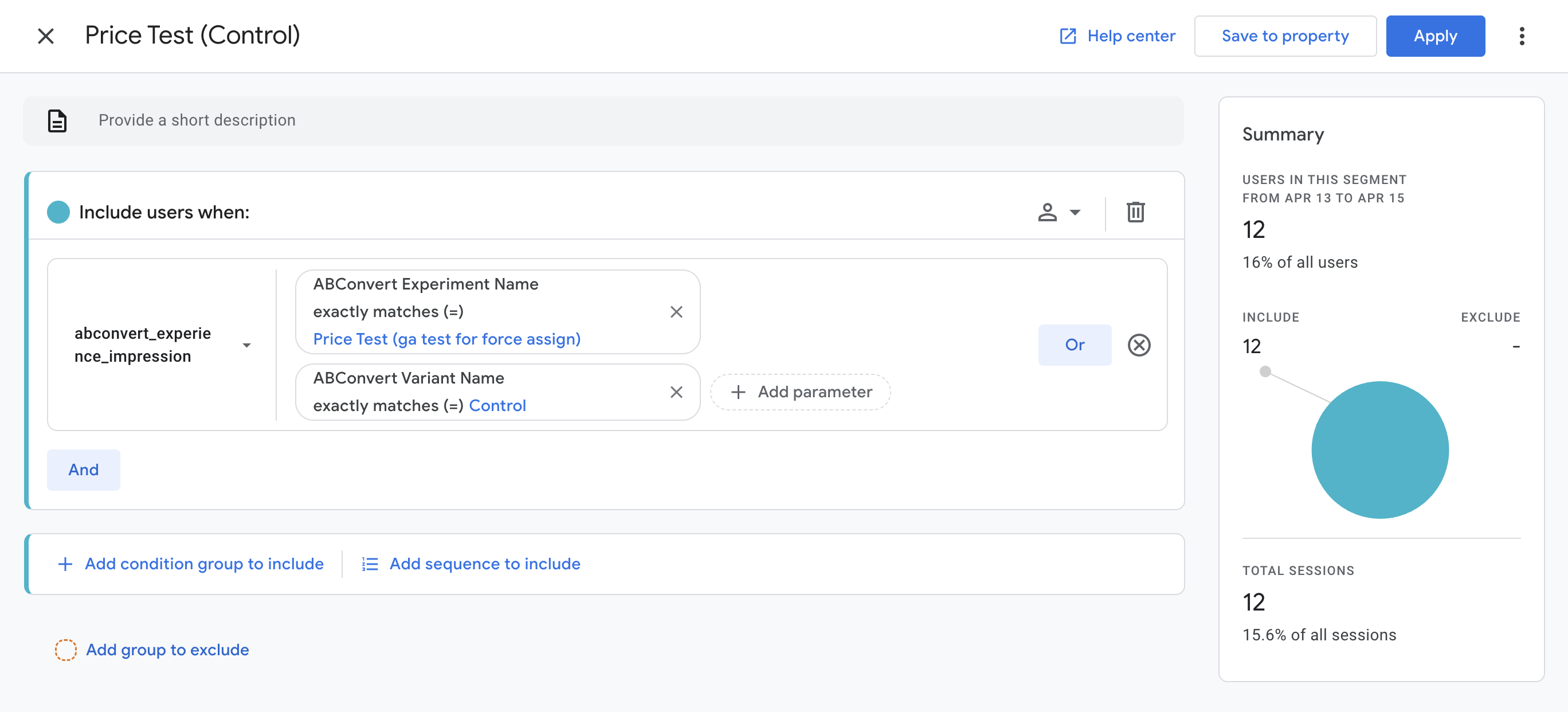 GA4 segment builder filtering an ABConvert test impression by test name and Control