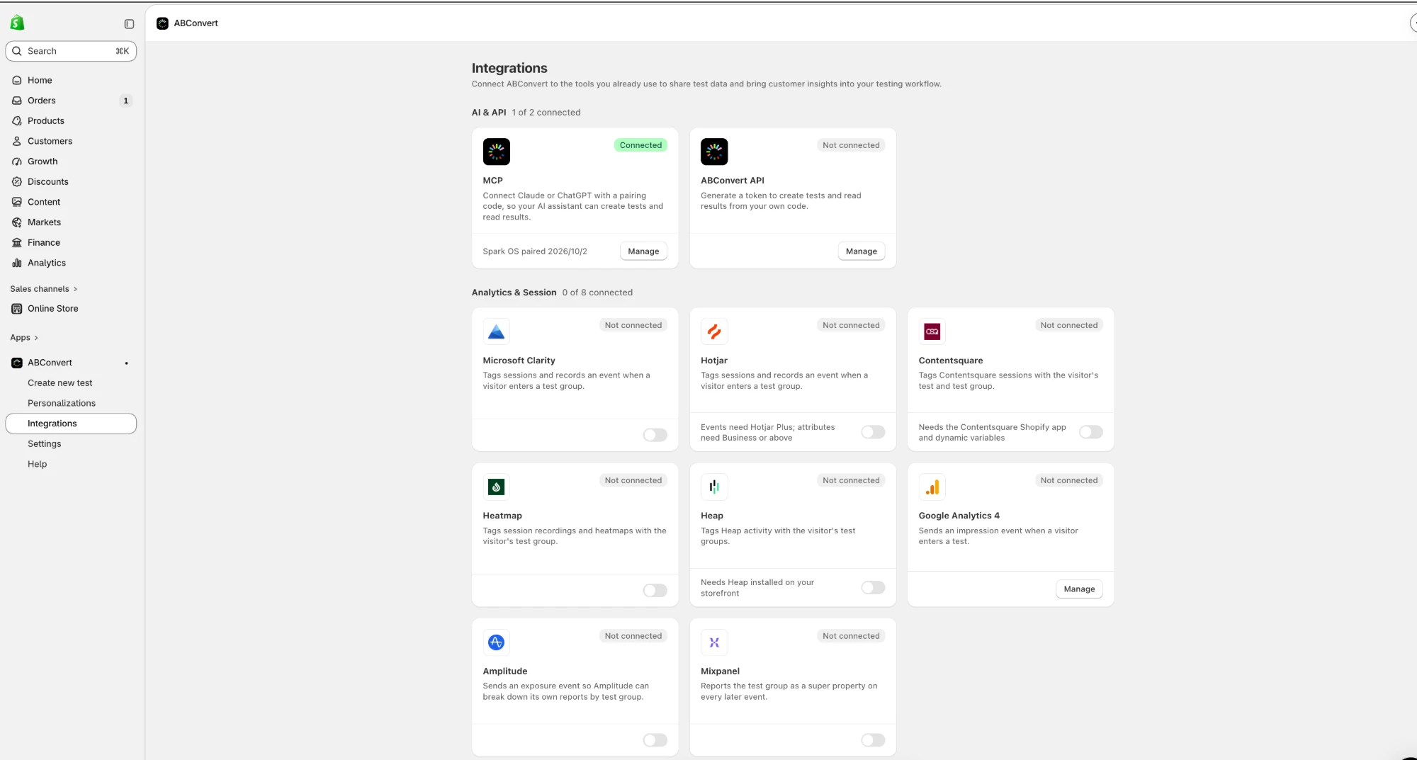 The ABConvert Integrations page in Shopify admin, listing MCP and the ABConvert API, then Microsoft Clarity, Hotjar, Contentsquare, Heatmap, Heap, Google Analytics 4, Amplitude, and Mixpanel under Analytics and Session