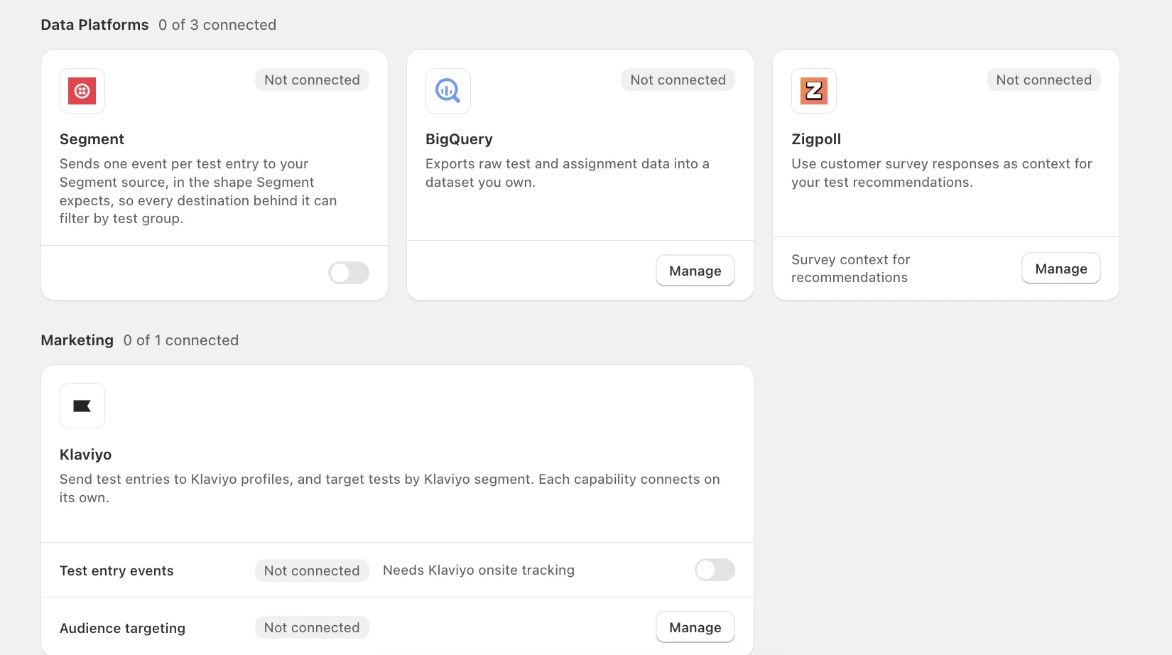 The ABConvert Integrations page showing Data Platforms (Segment, BigQuery, Zigpoll) and Marketing (Klaviyo)