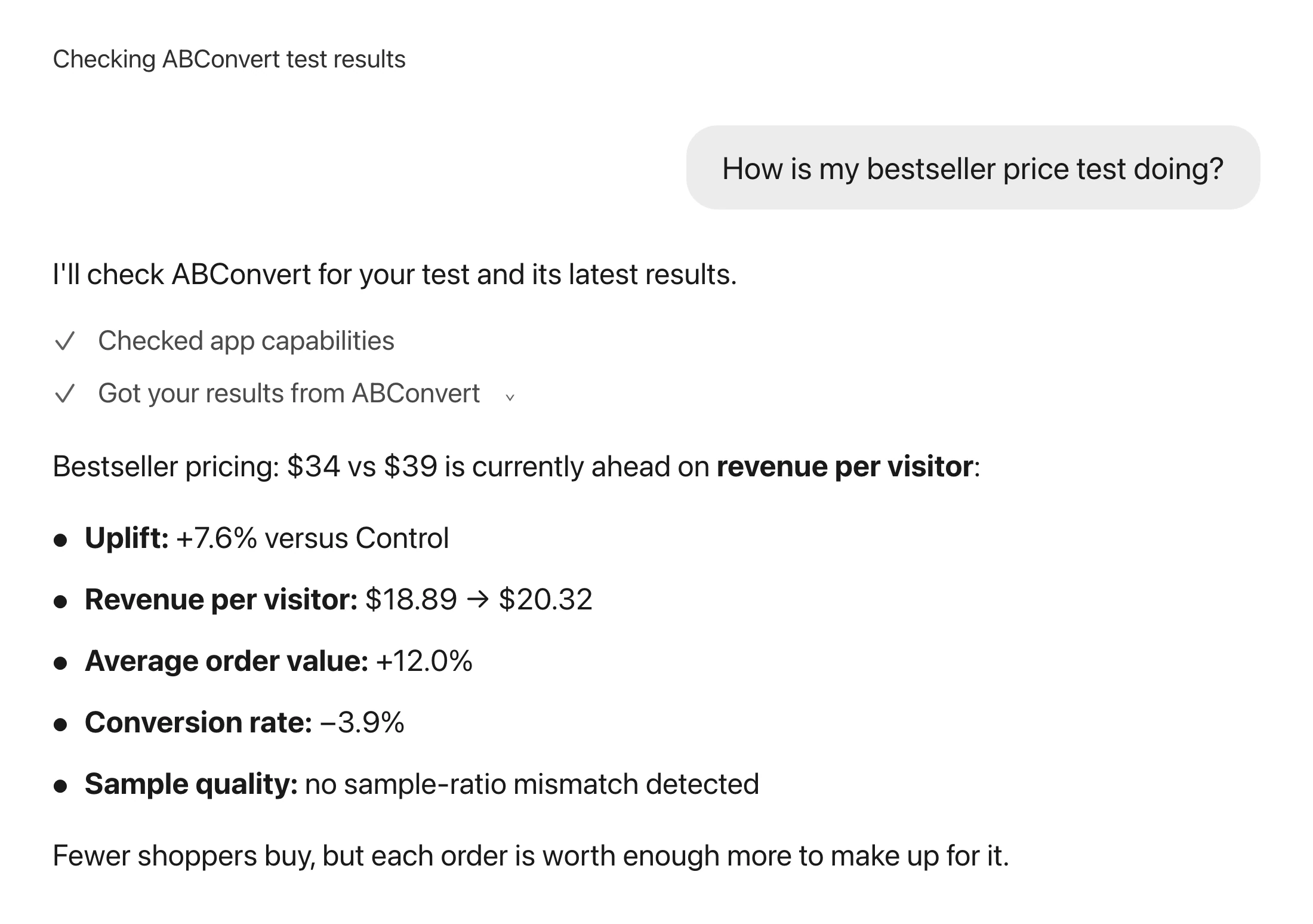 Mockup of a Shopify Sidekick conversation where an ABConvert price test's revenue per visitor, average order value, conversion rate, and sample quality are read back.