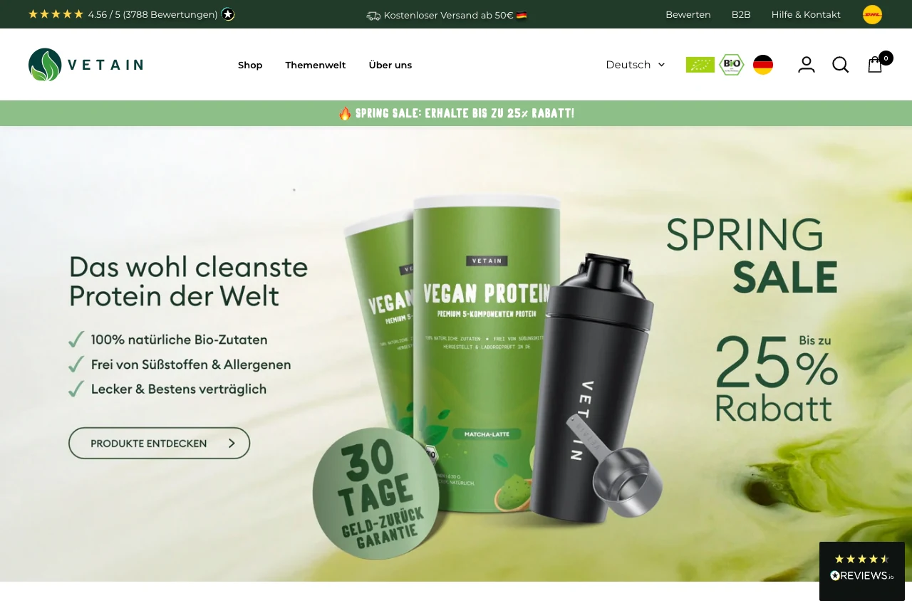 The Vetain homepage, a German organic protein brand, shown as an example of ABxpert's Shopify Plus work