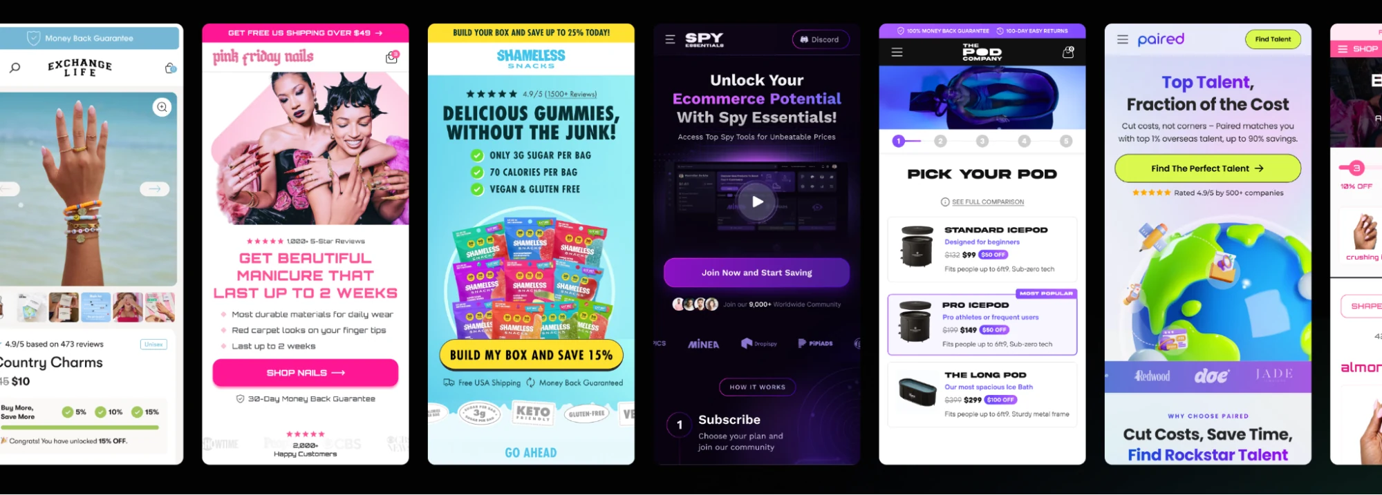 A row of mobile landing pages and product pages from ecommerce brands, shown as examples of Apex CRO's landing page work