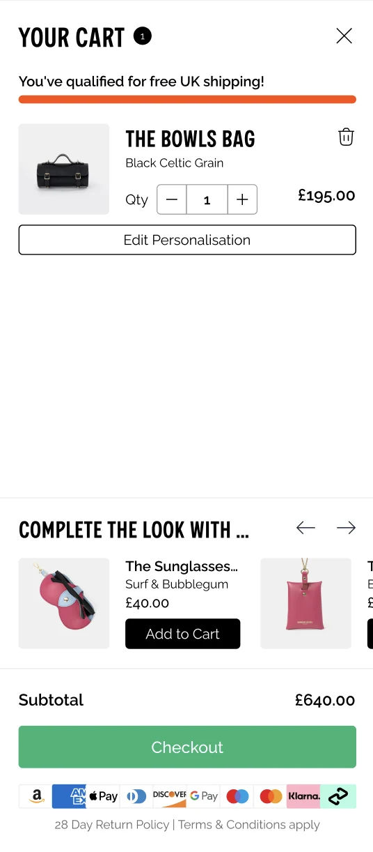 The Cambridge Satchel mobile cart with a free UK shipping progress bar and a Complete the Look product recommendation