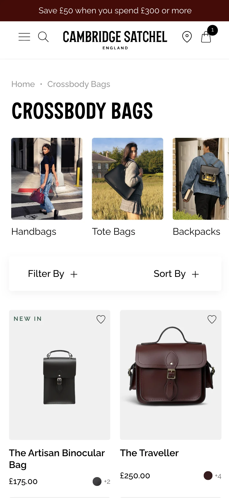 The Cambridge Satchel mobile crossbody bags collection page with visual subcategory navigation