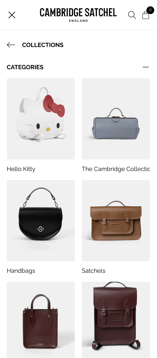 The redesigned Cambridge Satchel mobile menu showing collection categories