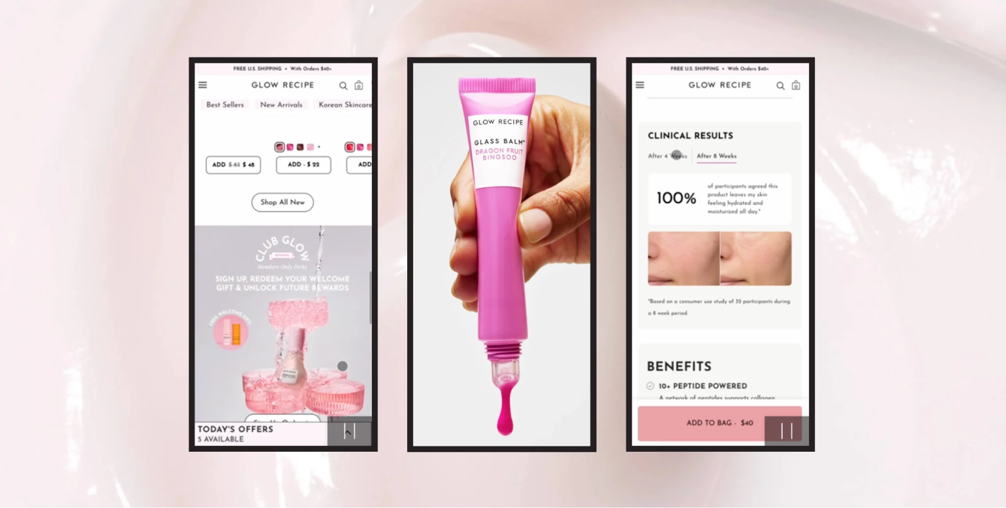 Three Glow Recipe mobile pages, covering the homepage, a product image and a product page with clinical results, from Simplistic's CRO program