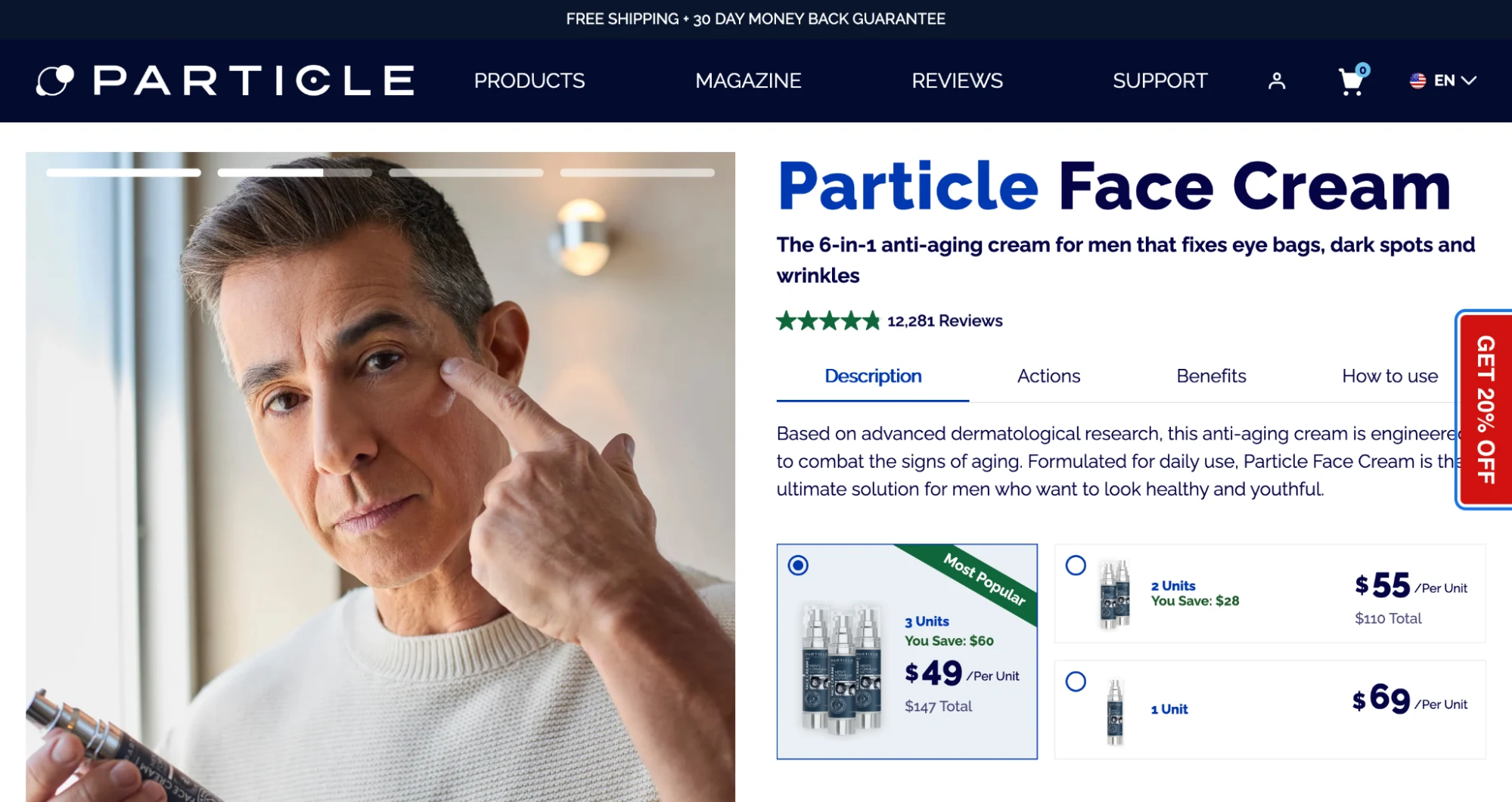 The Particle for Men Face Cream product page, with the review count under the title, a Most Popular three-unit bundle, and tiered per-unit pricing