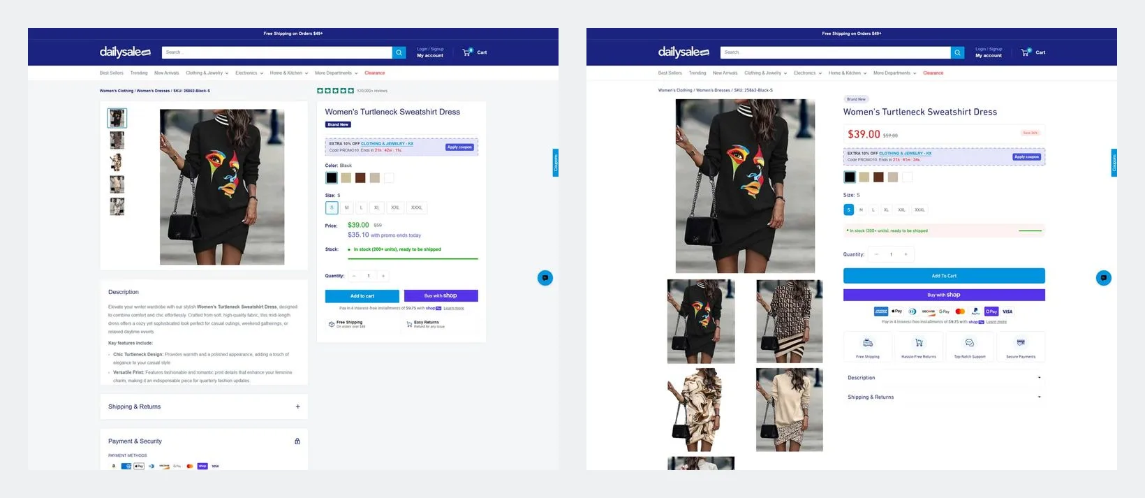 Two Daily Sale product pages for a women's turtleneck sweatshirt dress side by side. On the left, the Control page has a thumbnail rail beside one main image. On the right, Shivook's page shows a large image grid, the price beside the title, and shipping, returns and payment badges under the buy buttons.