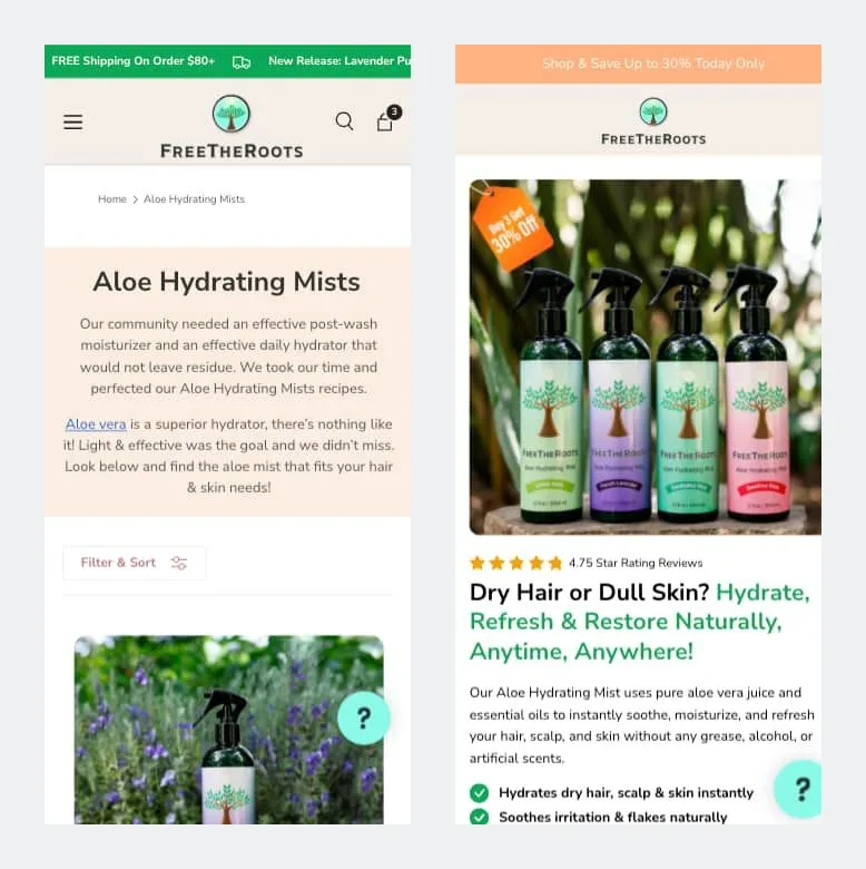 Two mobile pages side by side. On the left, the Free the Roots collection page opens with an Aloe Hydrating Mists introduction. On the right, Shivook's sales page opens with the four mists, a Buy 3 Get 30% Off badge, star rating and benefit list.