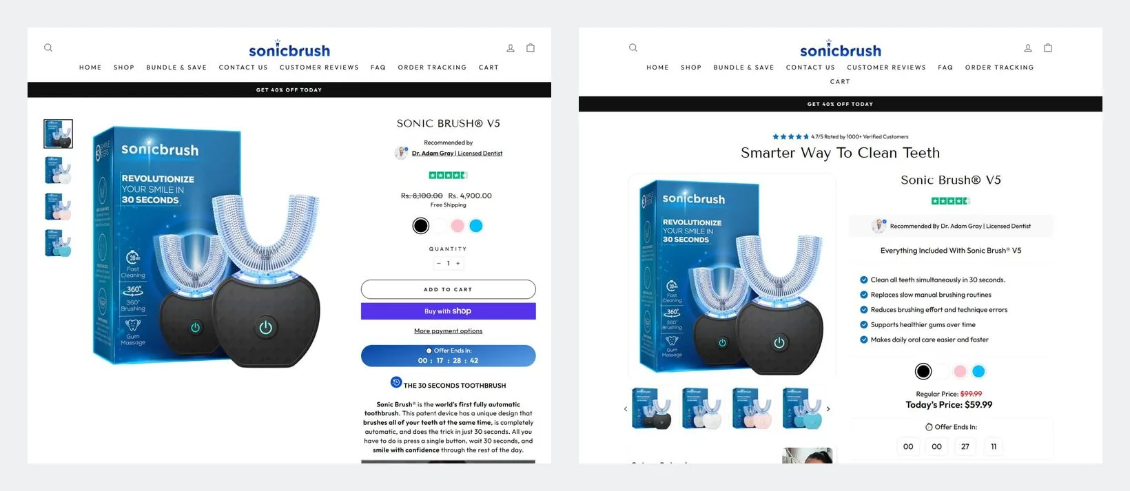 Two Sonic Brush V5 product pages side by side. On the left, the Control page shows a large product image beside the price and Add to cart button. On the right, Shivook's page adds a headline, a star rating, a five-point benefit list and the sale price beside the product.