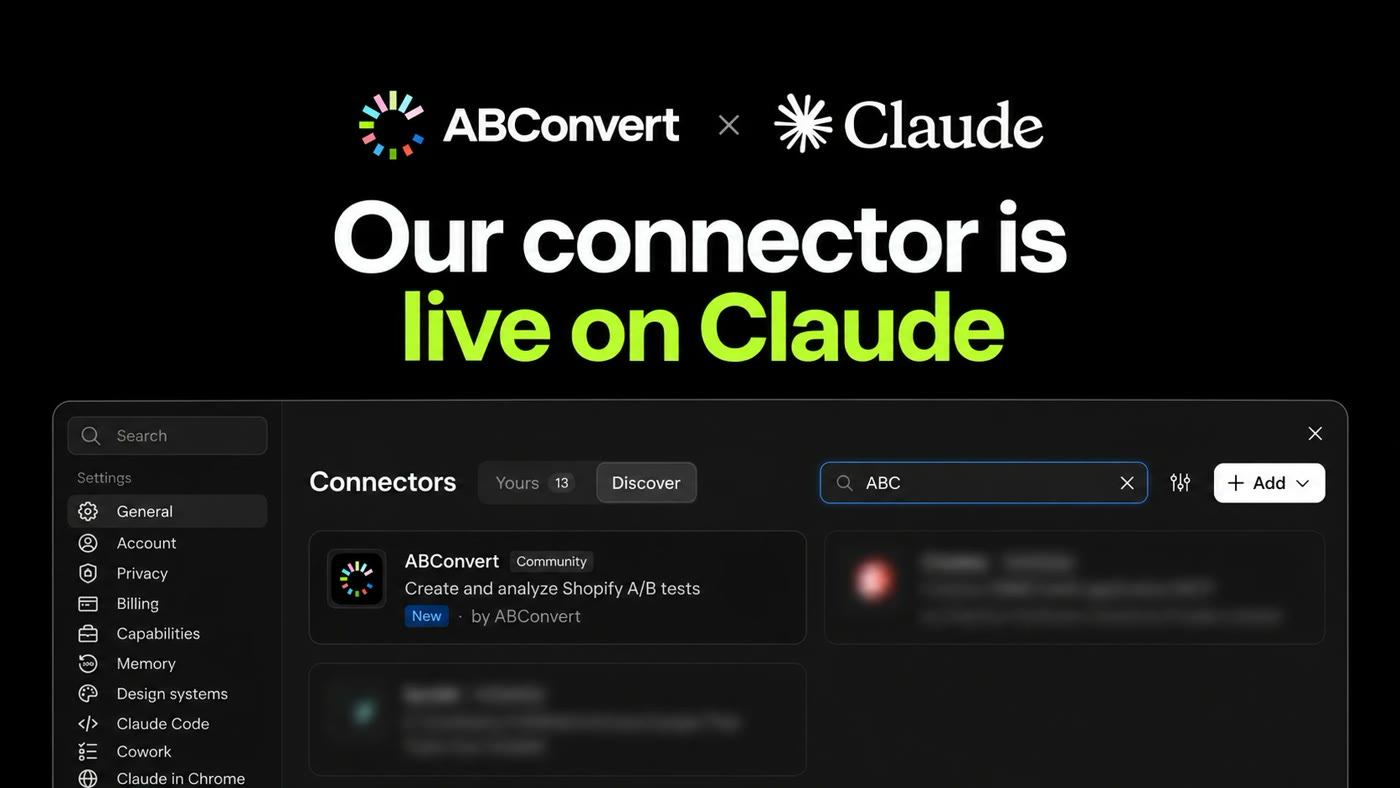 Claude connector settings with ABConvert listed in the Discover tab: Create and analyze Shopify A/B tests